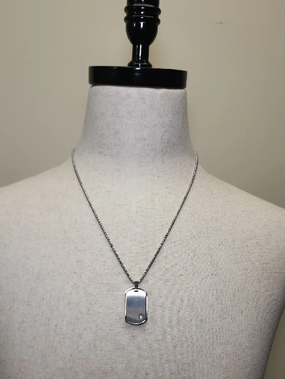 Geoffrey Beene Stainless Steel Dog Tag Pendant Necklace Faux Diamond